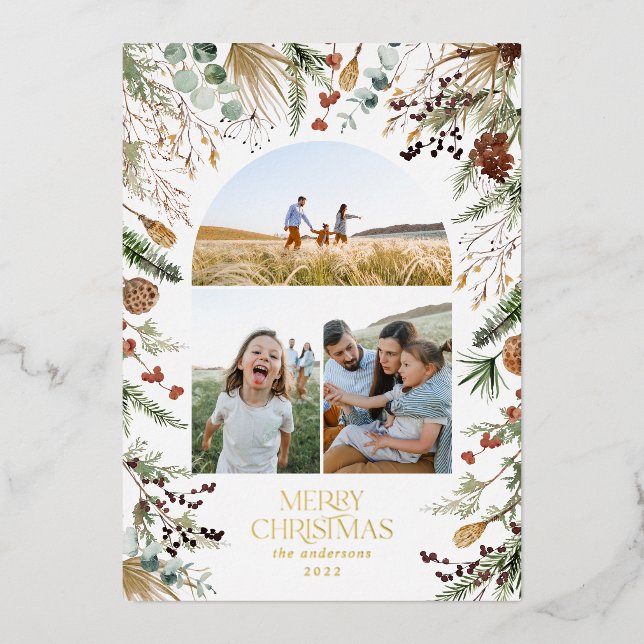 Christmas 3 photo arch watercolor botanical floral foil holiday card (Front)