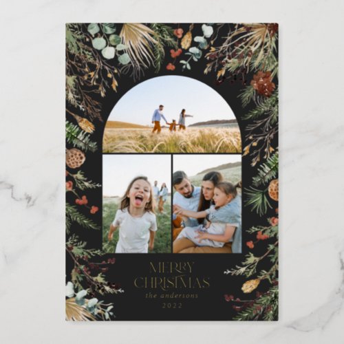 Christmas 3 photo arch watercolor botanical floral foil holiday card