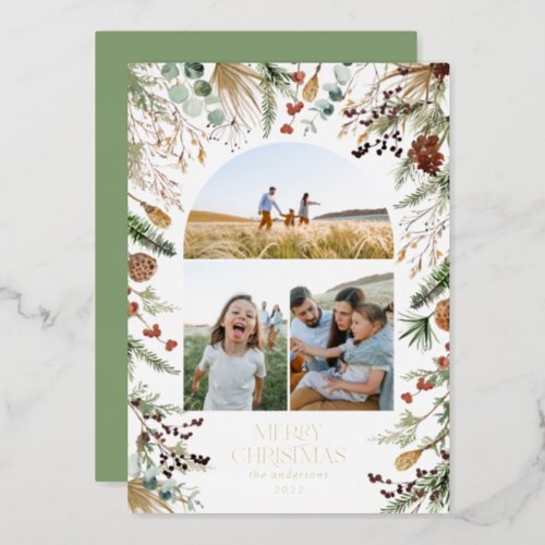 Christmas 3 photo arch watercolor botanical floral foil holiday card