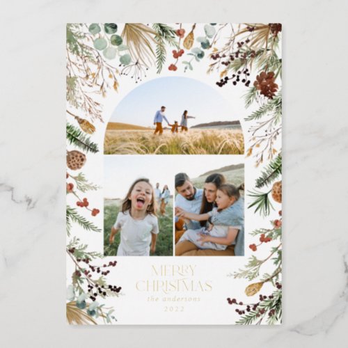 Christmas 3 photo arch watercolor botanical floral foil holiday card