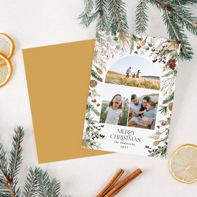 Christmas 3 photo arch watercolor botanical floral holiday card (Creator Uploaded)