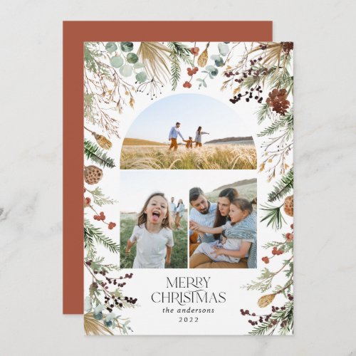 Christmas 3 photo arch watercolor botanical floral holiday card