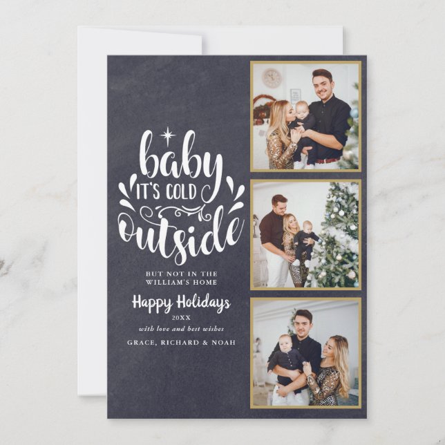 Christmas 3 Photo Collage Boho Chalkboard Holiday Card (Front)