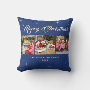 Christmas 3 Photo Collage Elegant Navy Blue Throw Pillow
