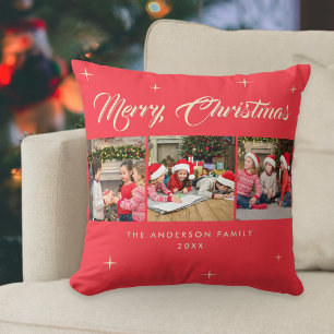 Christmas 3 Photo Collage Elegant Red Gold Throw Pillow