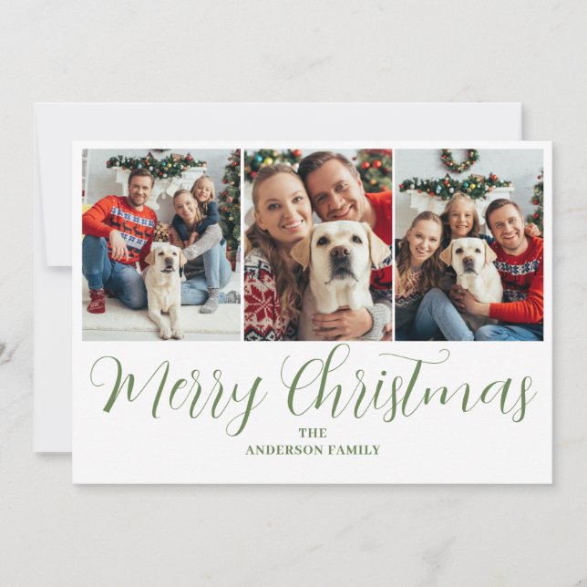 Christmas 3 Photo Green Typography  Holiday Card (Front)