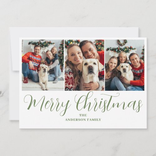 Christmas 3 Photo Green Typography  Holiday Card