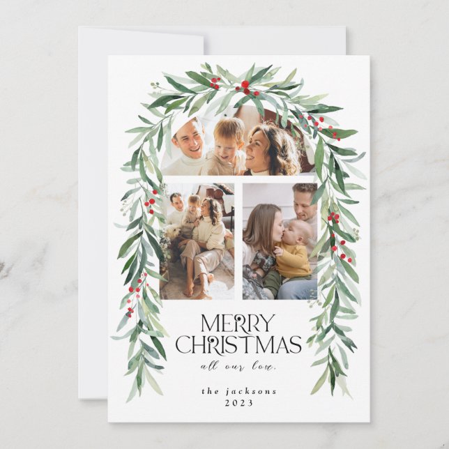 Christmas 3 Photo Mistletoe Botanical Berries Holiday Card (Front)