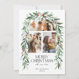 Christmas 3 Photo Mistletoe Botanical Berries Holiday Card