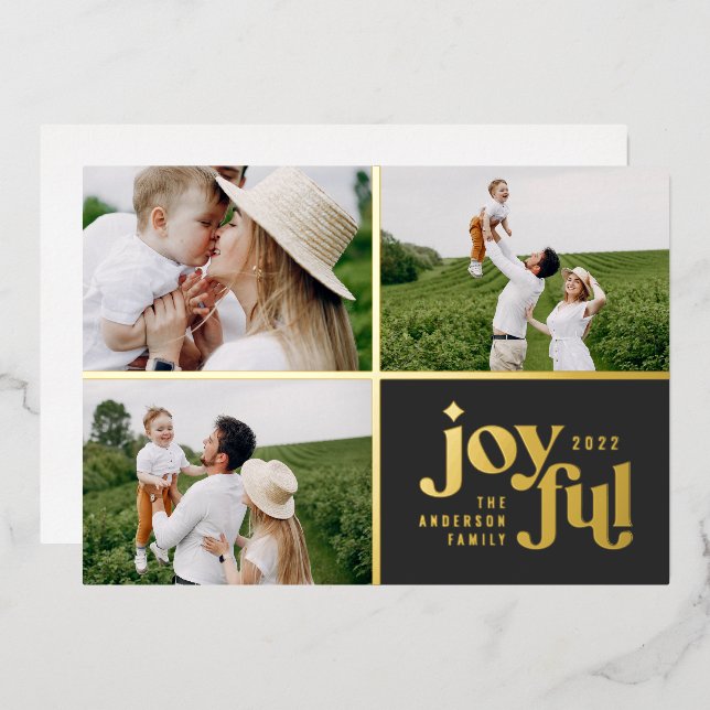 Christmas 3 photo modern black foil holiday card (Front/Back)