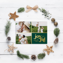 Christmas 3 photo modern green foil holiday card