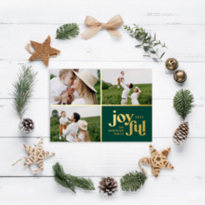 Christmas 3 photo modern green foil holiday card