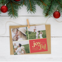 Christmas 3 photo modern red foil holiday card