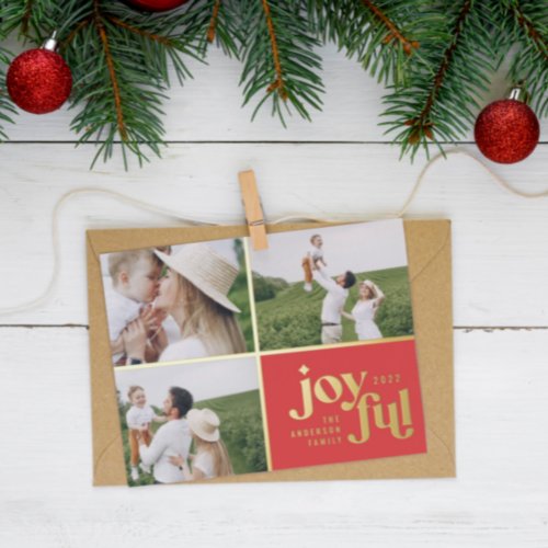 Christmas 3 photo modern red foil holiday card