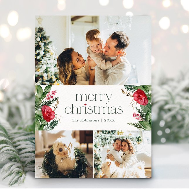 Christmas 3 Photo Winter Botanical Greenery Holiday Card (Creator Uploaded)