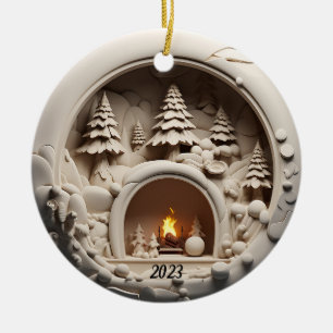 Christmas 3D Fireplace Trees Ceramic Ornament