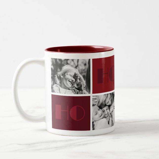 Christmas 4 Custom Photos "Ho, Ho, Ho" Burgundy Two-Tone Coffee Mug (Left)