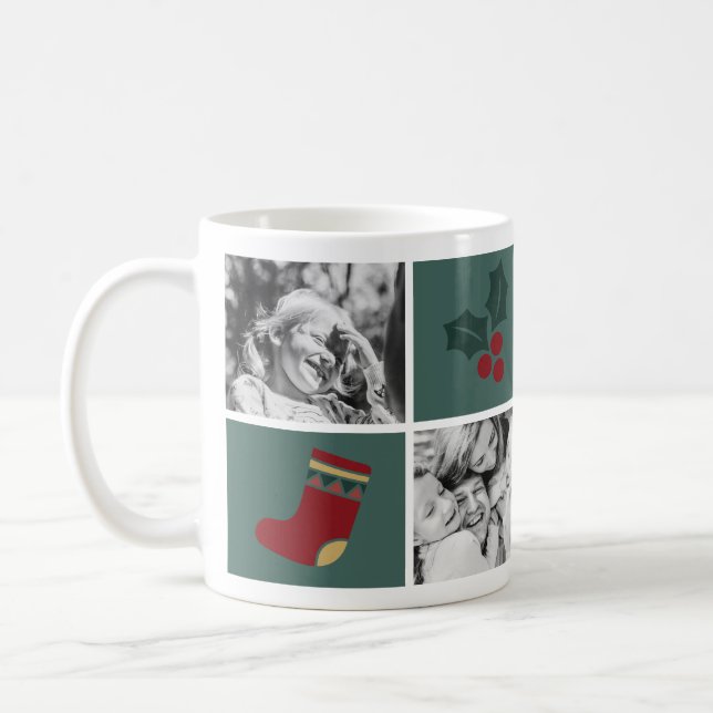 Christmas 4 Custom Photos Mistletoe Green Coffee Mug (Left)