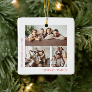 Christmas 4 Family Photos Collage Pink Ceramic Ornament
