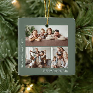Christmas 4 Family Photos Collage Sage Green Ceramic Ornament