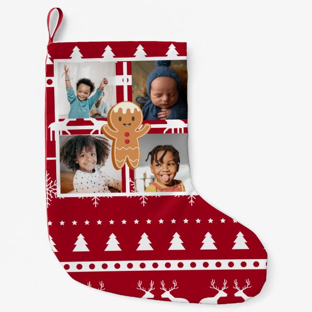 Christmas 4 Photo Collage Gingerbread Sweater Small Christmas Stocking (Front)