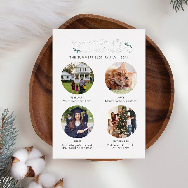 Christmas 4 Photos Year in Pictures Silver Foil Holiday Card (Family Photos Christmas Holidays Greetings Card)