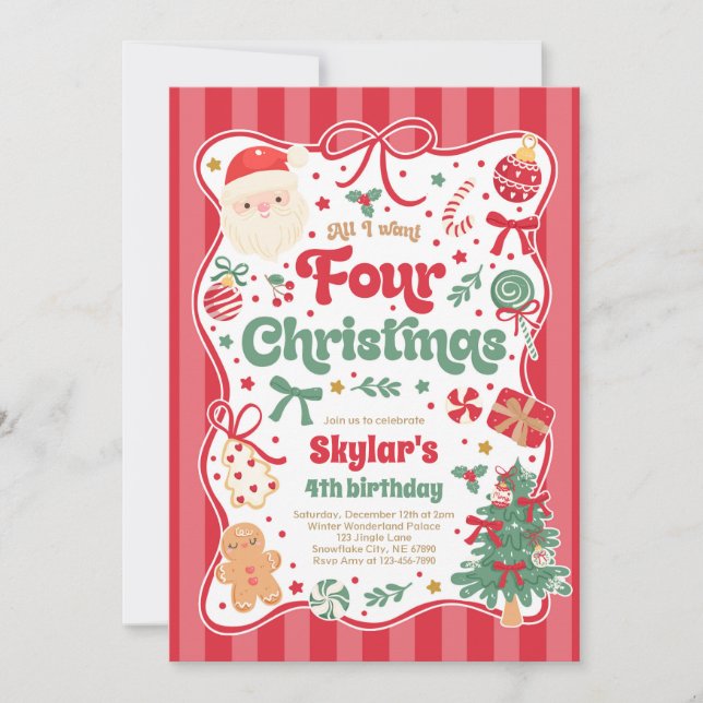 Christmas 4th Birthday Party Coquette Bow Birthday Invitation (Front)