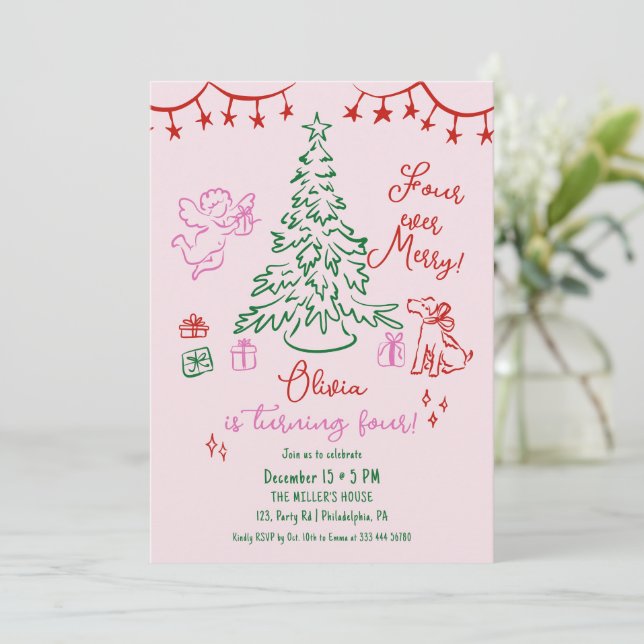 Christmas 4th birthday whimsical tree announcement (Standing Front)