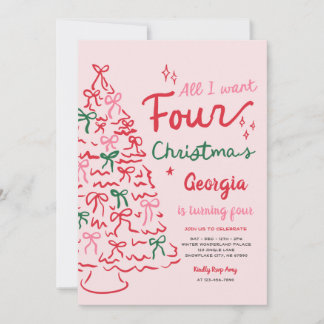 Christmas 4th Coquette Bow Christmas Tree Birthday Invitation