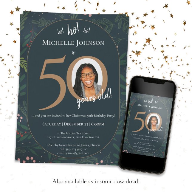 Christmas 50th Birthday Party Invitation (50th Christmas Birthday Dark Green Gold Humorous Invitation)
