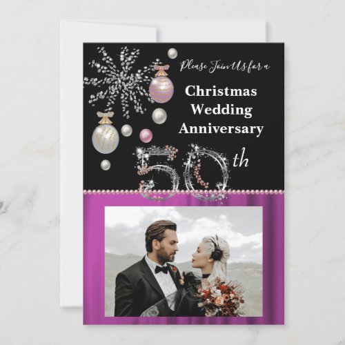 Christmas 50th Wedding Anniversary Black  Silver  Invitation