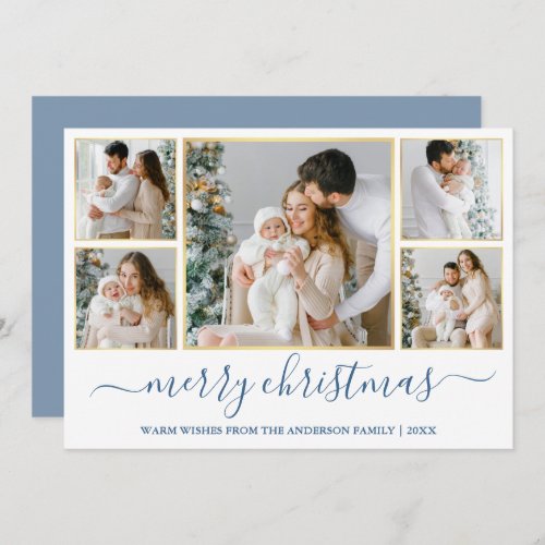 Christmas 5 Photo Calligraphy Dusty Blue Gold Holiday Card