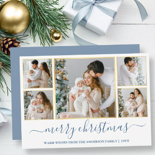 Christmas 5 Photo Calligraphy Dusty Blue Gold Holiday Card