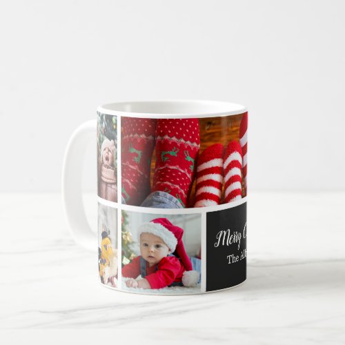 Christmas 5 Photo Collage with Family Name Black Coffee Mug