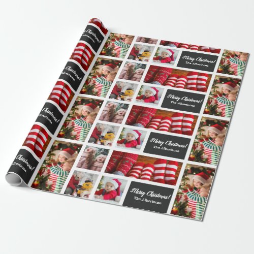 Christmas 5 Photo Collage with Family Name Black Wrapping Paper