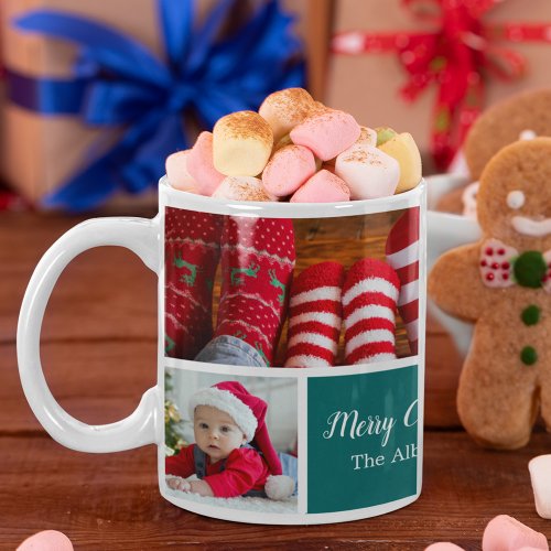 Christmas 5 Photo Collage with Family Name Blue Coffee Mug