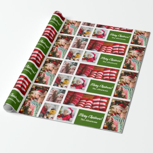Christmas 5 Photo Collage with Family Name Green Wrapping Paper