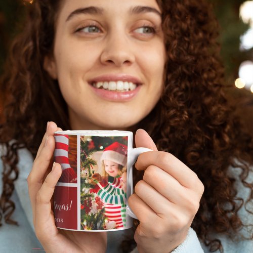 Christmas 5 Photo Collage with Family Name Red Coffee Mug
