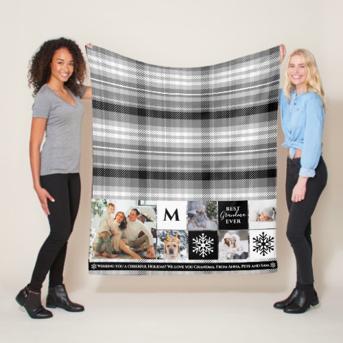 Christmas 5 photos grid best grandma black plaid  fleece blanket