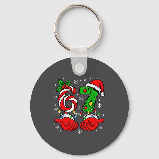Christmas 67 Candy Cane Six Seven Meme Lights Sant Keychain (Front)