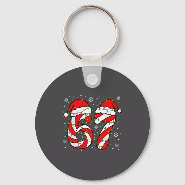 Christmas 67 Candy Cane Six Seven Meme Lights Sant Keychain (Front)