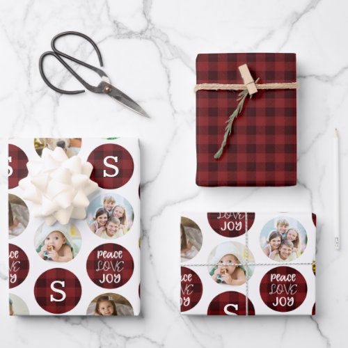 Christmas 6 Photo Monogram PEACE LOVE JOY Red Wrapping Paper Sheets