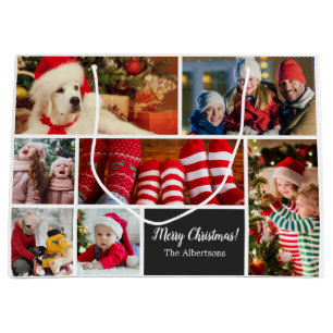 Christmas 7 Photo Collage with Family Name, Black Large Gift Bag