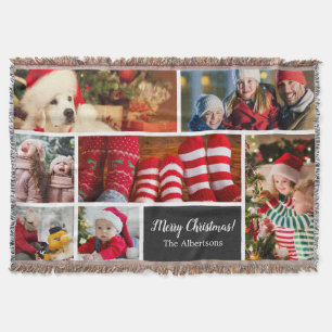 Christmas 7 Photo Collage with Family Name, Black Throw Blanket