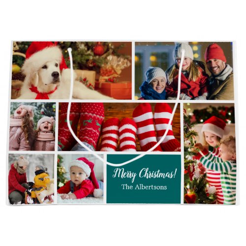 Christmas 7 Photo Collage with Family Name Blue Large Gift Bag