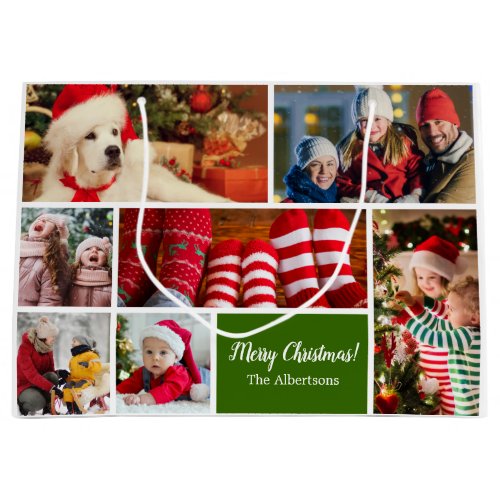 Christmas 7 Photo Collage with Family Name Green Large Gift Bag