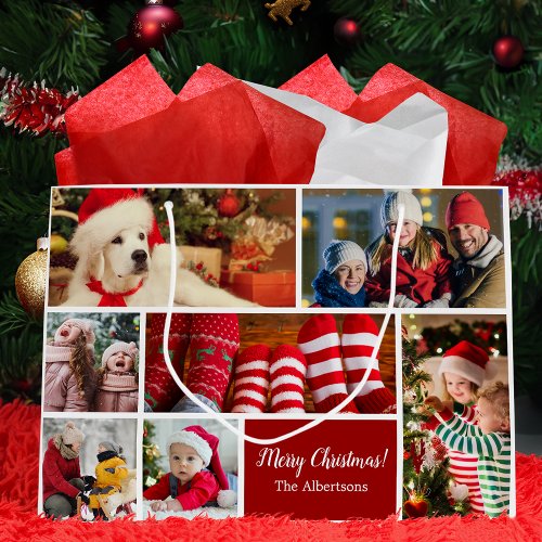 Christmas 7 Photo Collage with Family Name Red Large Gift Bag