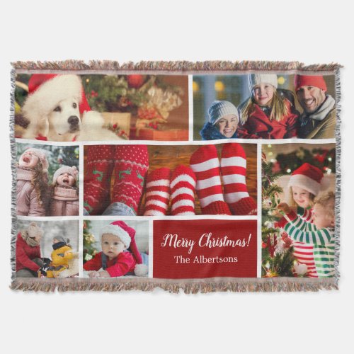 Christmas 7 Photo Collage with Family Name Red Throw Blanket