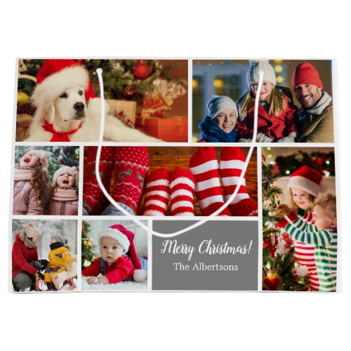 Christmas 7 Photo Collage with Family Name Silver Large Gift Bag
