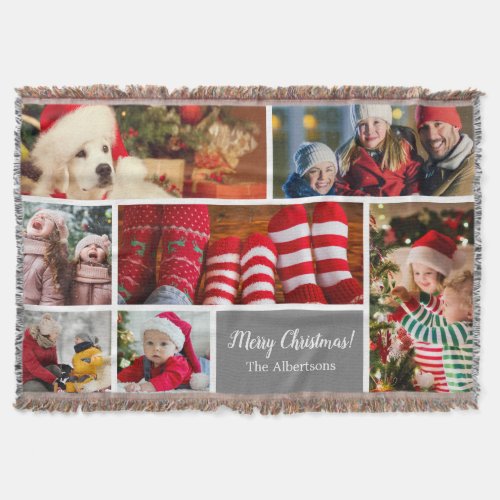 Christmas 7 Photo Collage with Family Name Silver Throw Blanket